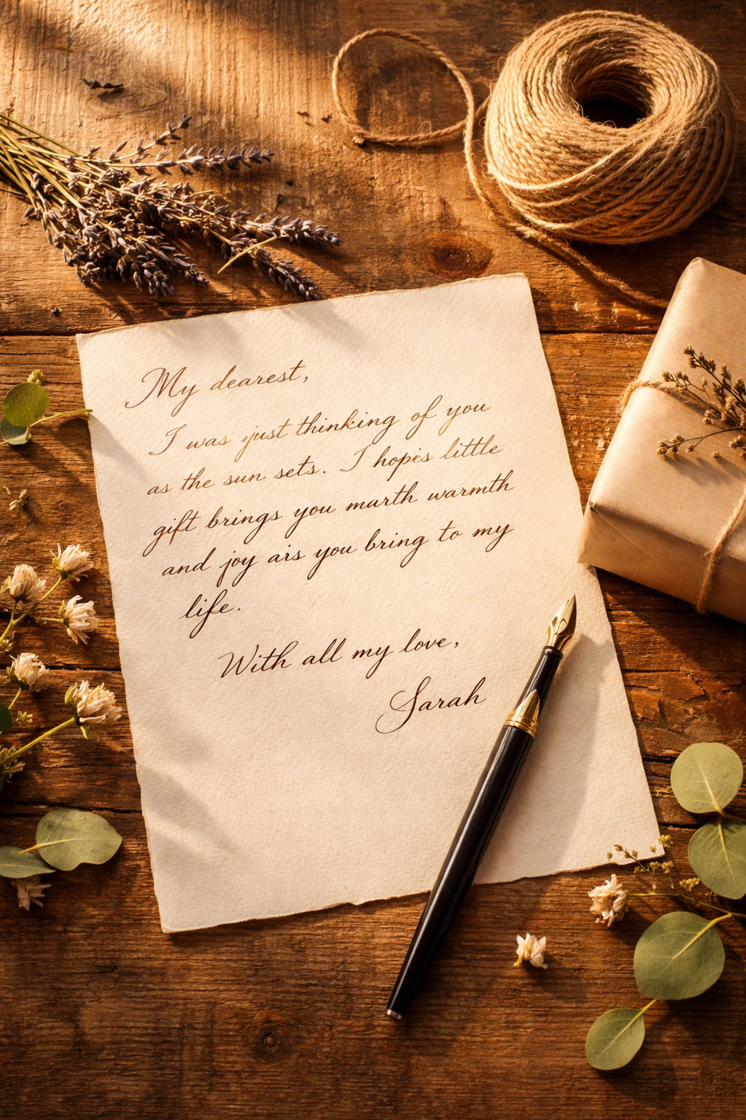 Handwritten note with rustic gift wrap supplies on a wooden table, illustrating personalized handmade gifting.