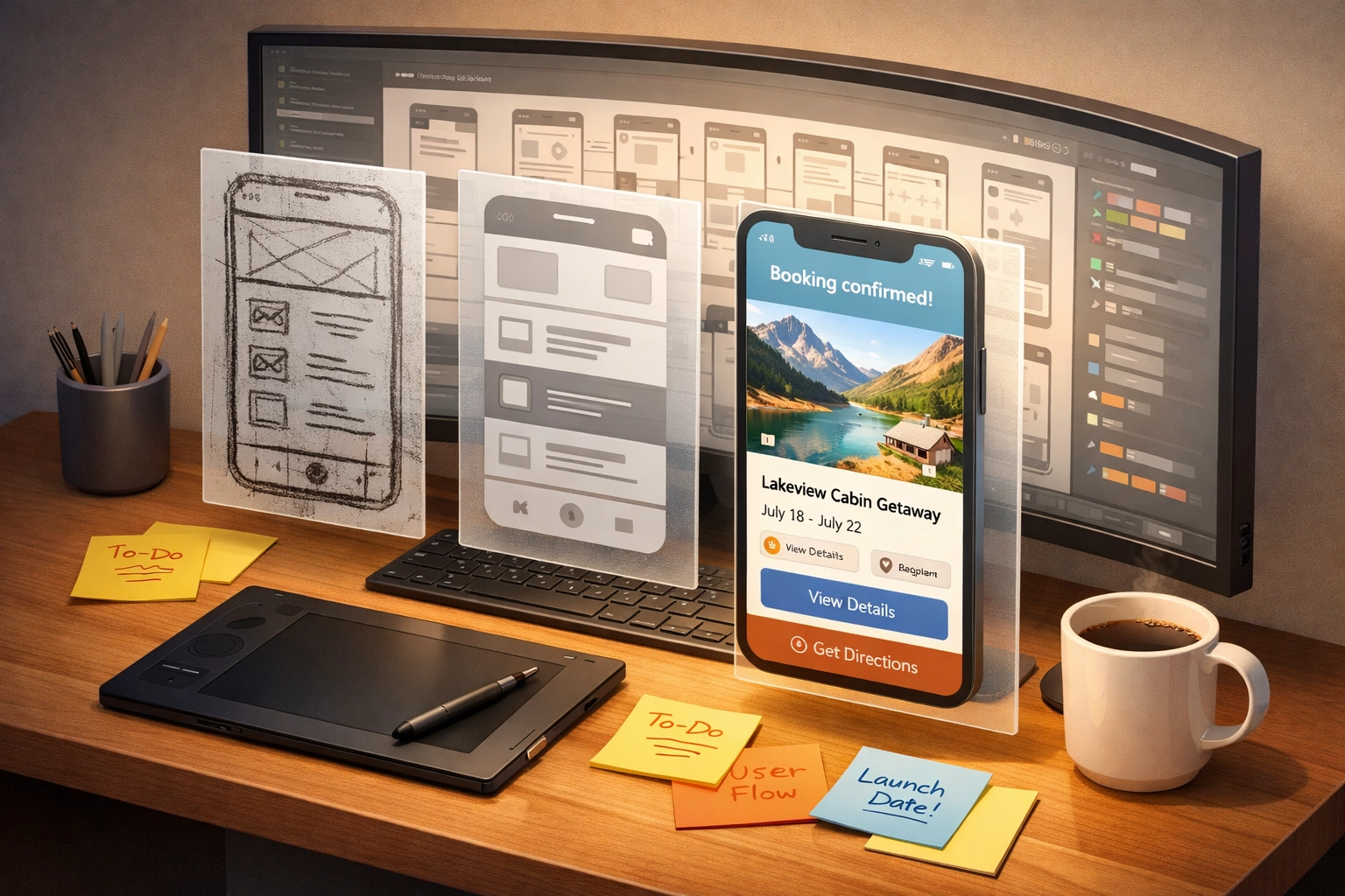 A professional workstation showing the design process from mobile app wireframes to a final high-fidelity UI.