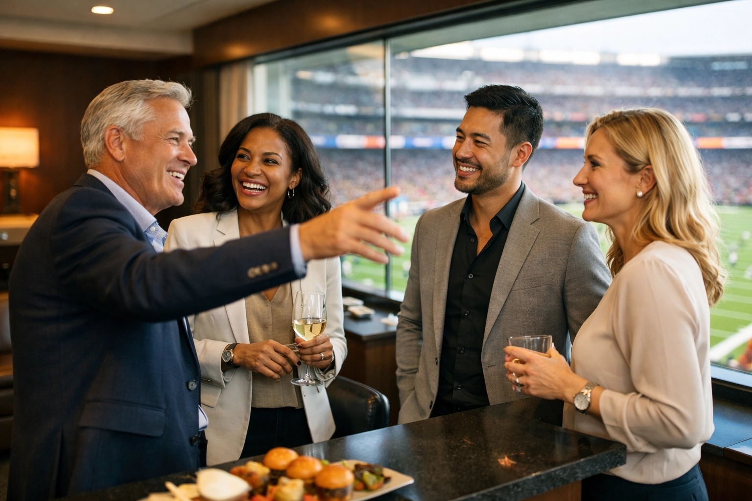 Corporate executives networking in a luxury Super Bowl stadium suite to maximize hospitality ROI.