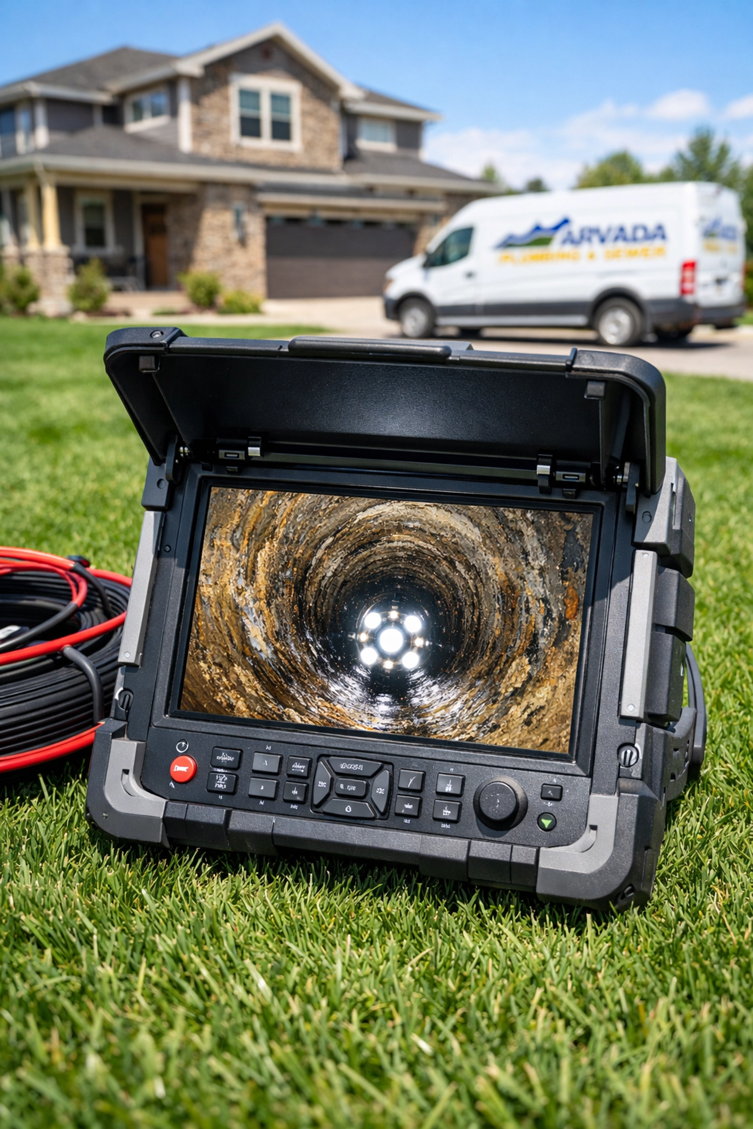 HD sewer camera inspection monitor showing the interior of a pipe for a home buyer in Arvada.