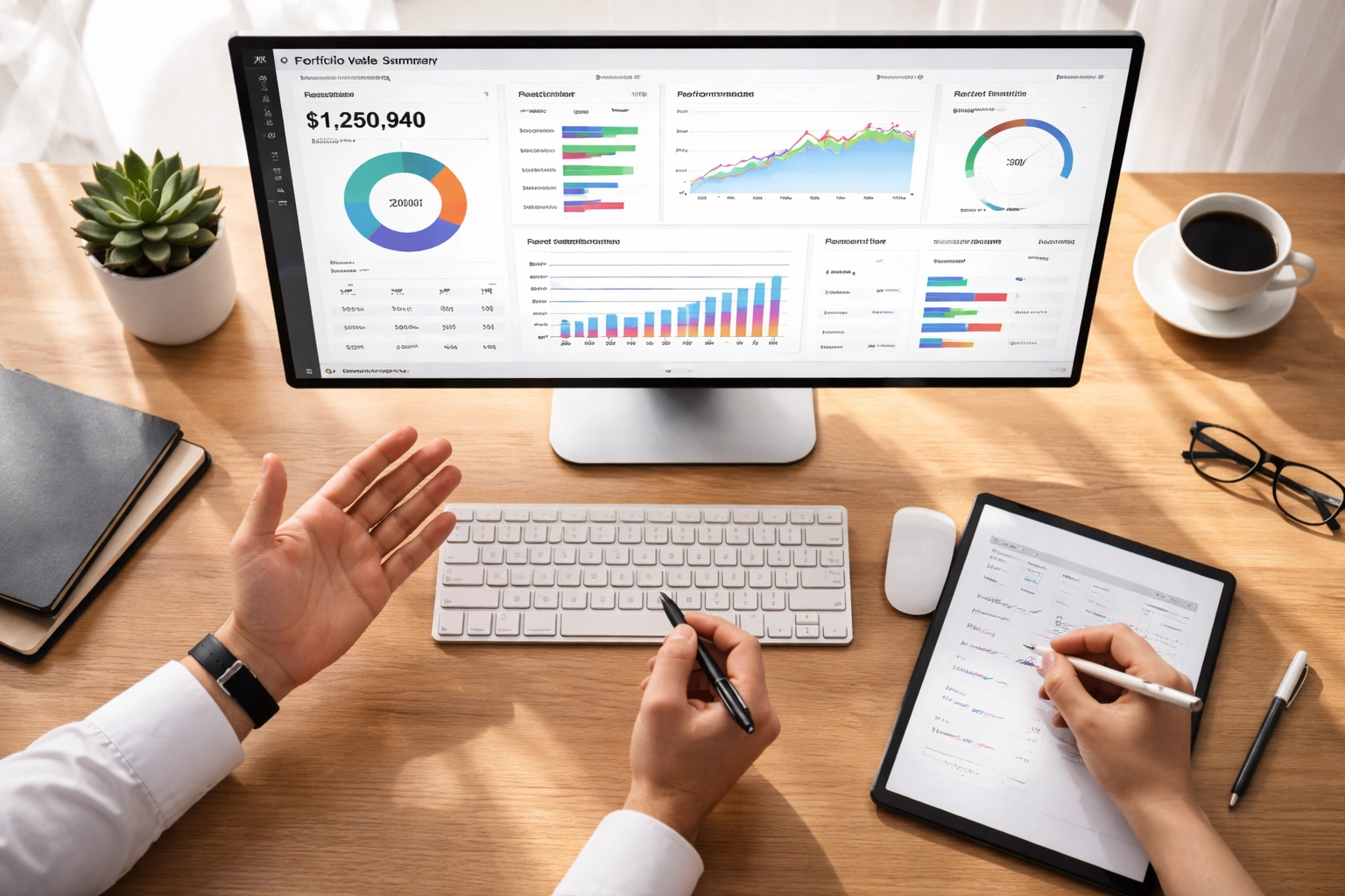 Minimalist desk scene showcasing portfolio management dashboards for ServiceNow Strategic Portfolio outcomes.