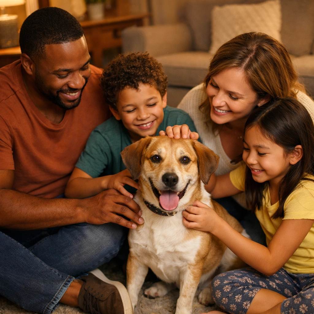 Family fostering a rescue dog together at home