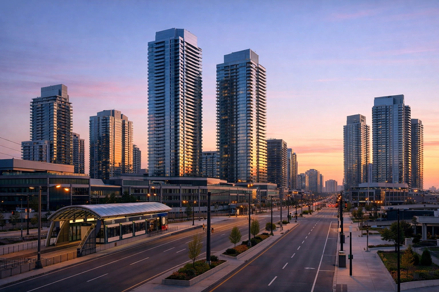 Modern skyline of Vaughan Metropolitan Centre showing high-rise glass condominium towers at dawn.