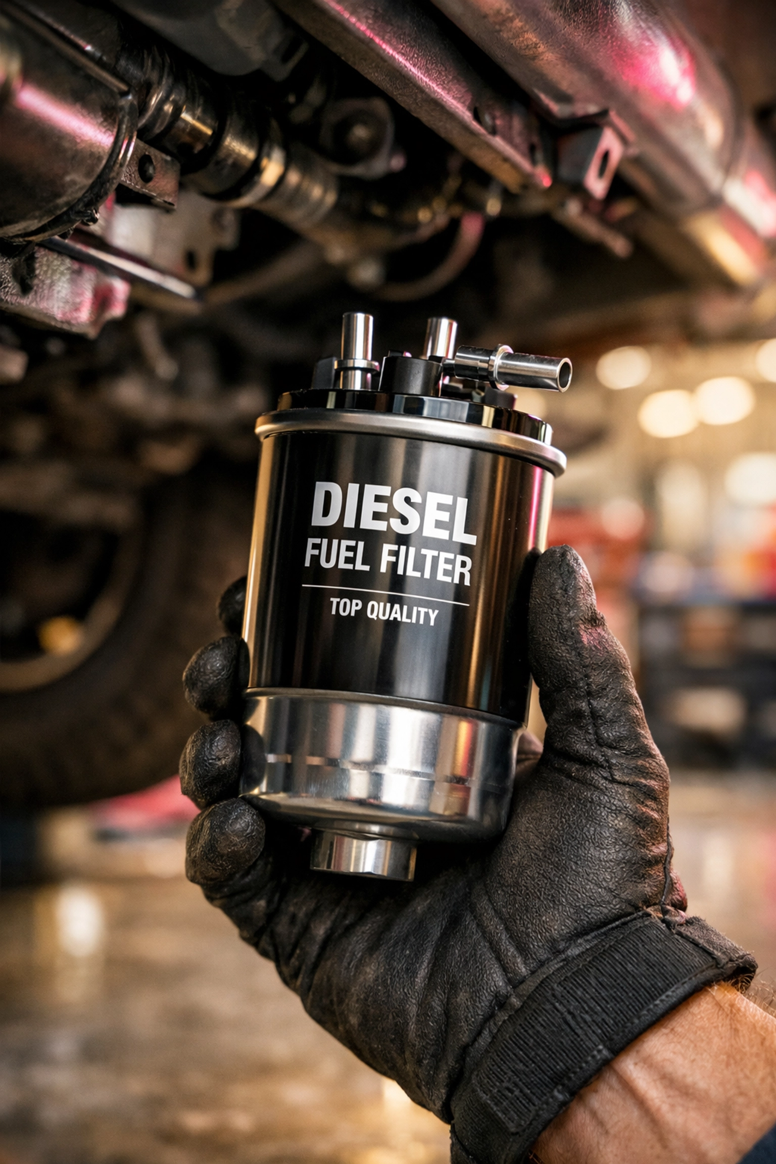 A new diesel fuel filter being held by a mechanic for light-duty diesel truck maintenance and repair.