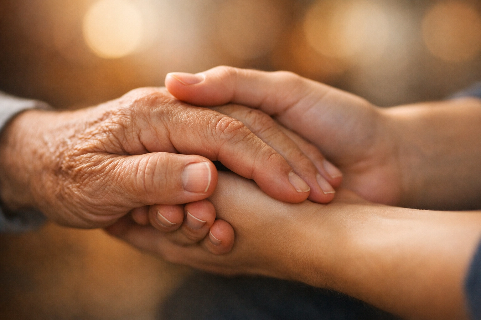 Two people holding hands in a supportive grasp, symbolizing Christian discipleship and prayer.
