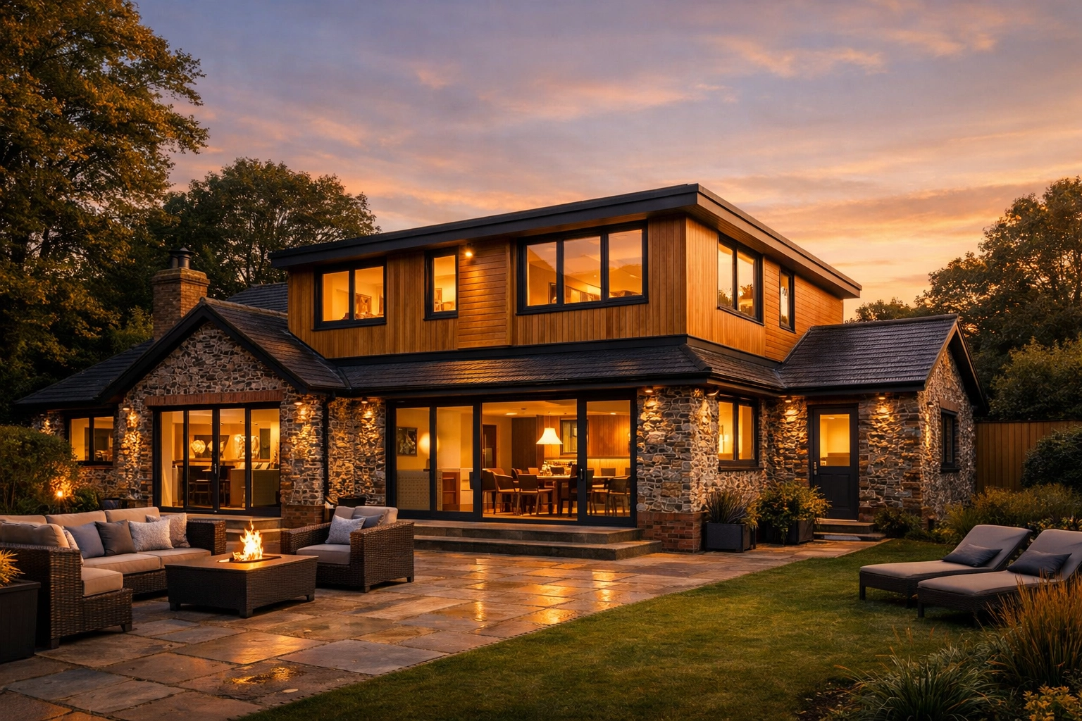 Luxury bungalow transformation in West Sussex with a modern second floor and flint-work.