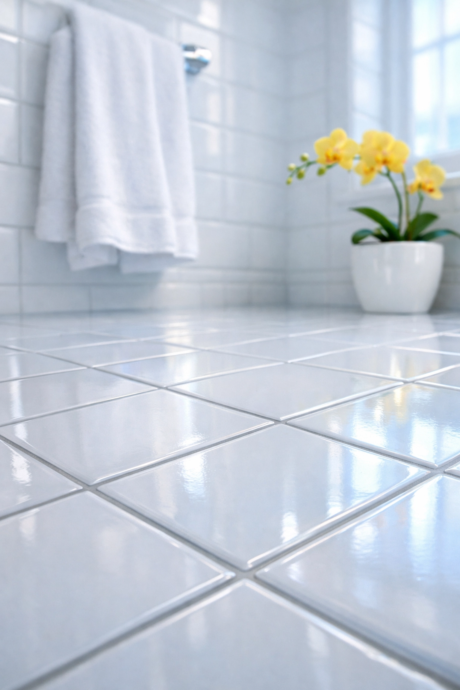 Pristine white bathroom tiles and grout after a professional house cleaning in Hudson, MA deep clean.