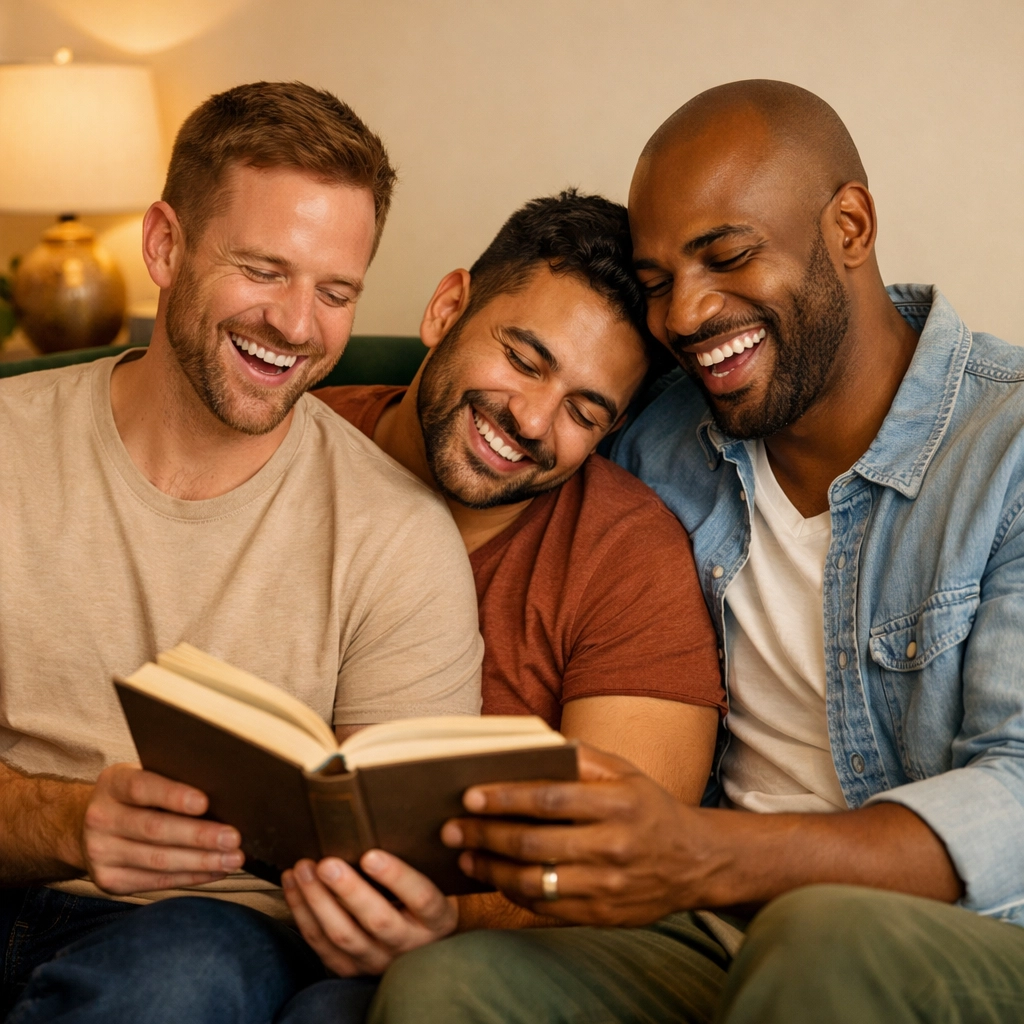 Three men in a polyamorous relationship laughing together while reading a book on a cozy sofa.