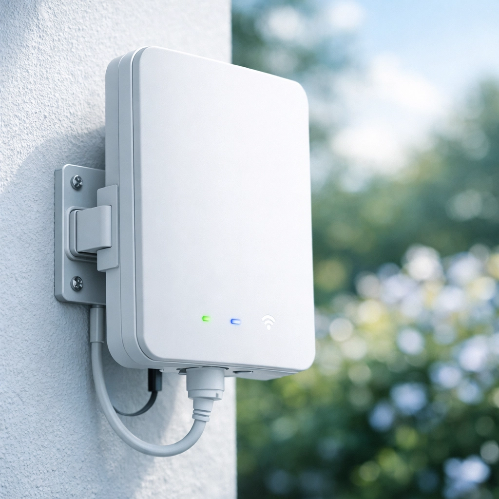 Outdoor WiFi access point mounted on exterior wall for garden connectivity