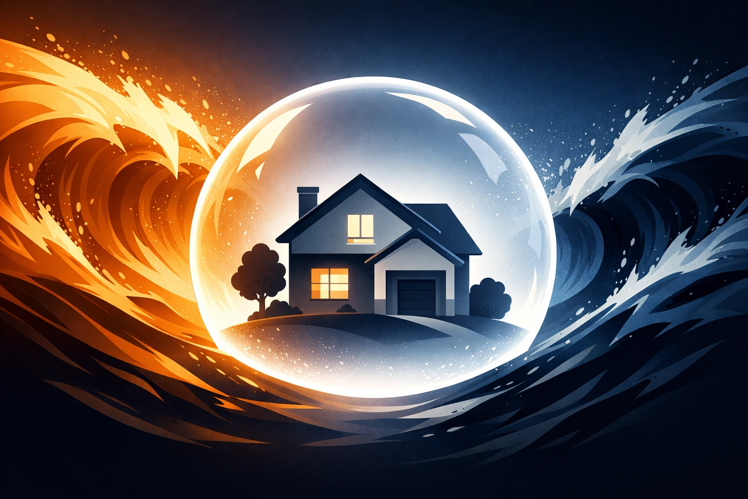 Graphic showing home equity protection and housing stability amidst global economic volatility and rate pressures.