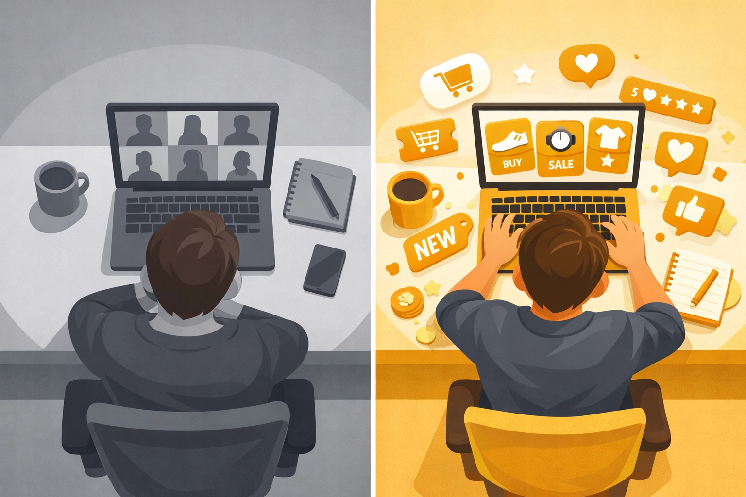 Traditional webinar vs live shopping platform comparison showing engagement differences