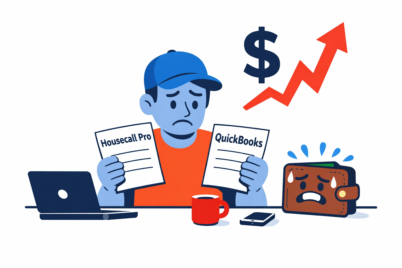Trade business owner looking at two software bills labeled Housecall Pro and QuickBooks with an inflated total.
