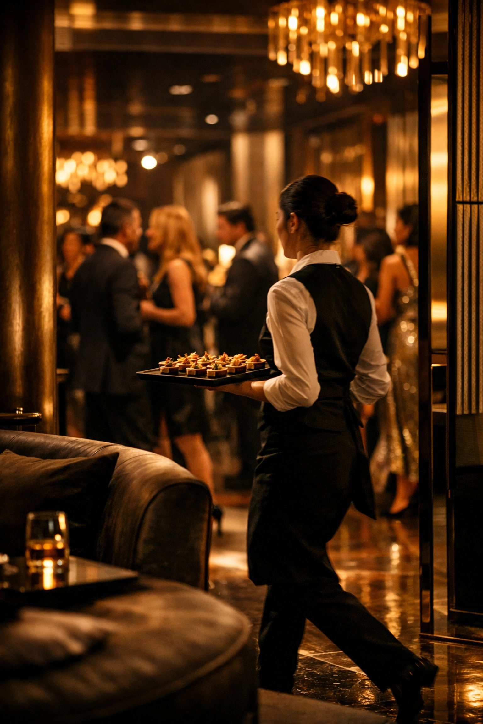 Elegant hospitality staff serving appetizers to fashionable guests at a sophisticated urban party.