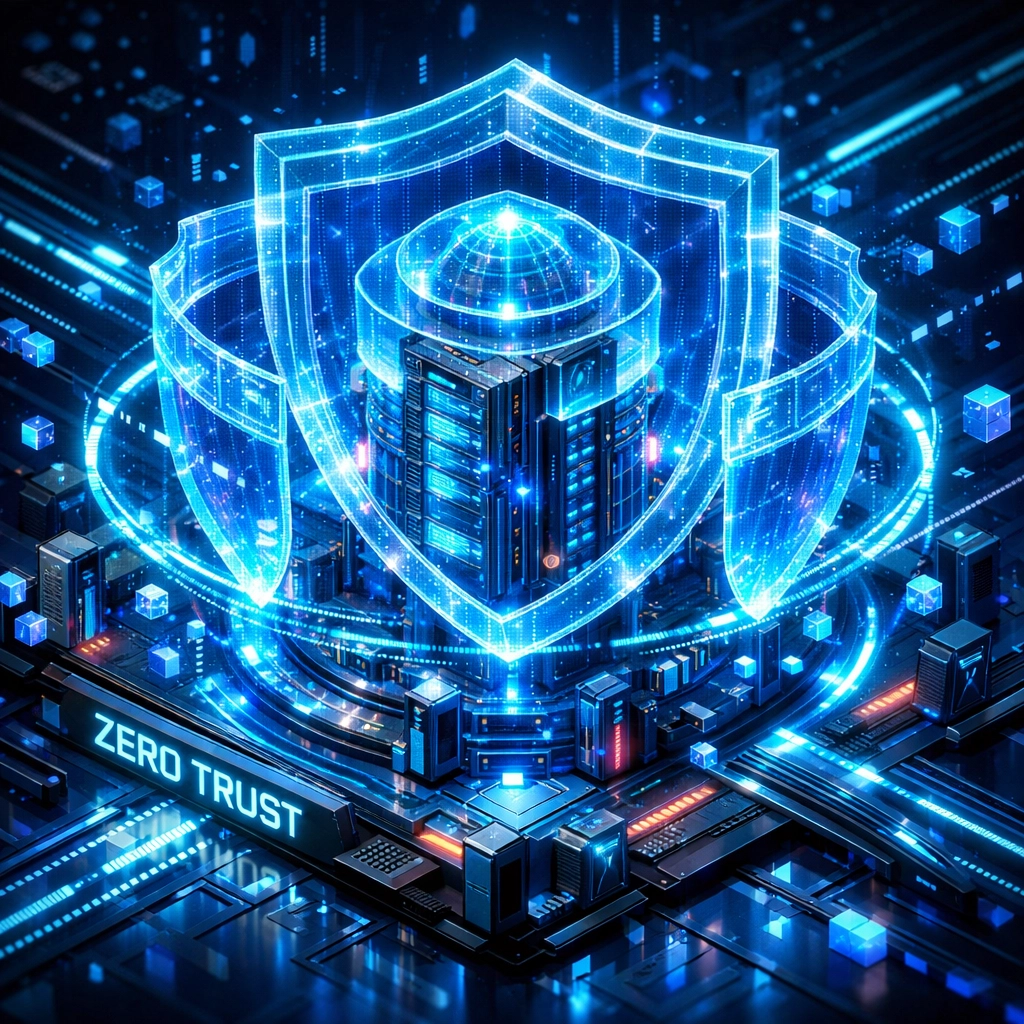 Digital fortress with security shields representing Zero Trust architecture for Security+ exam preparation.