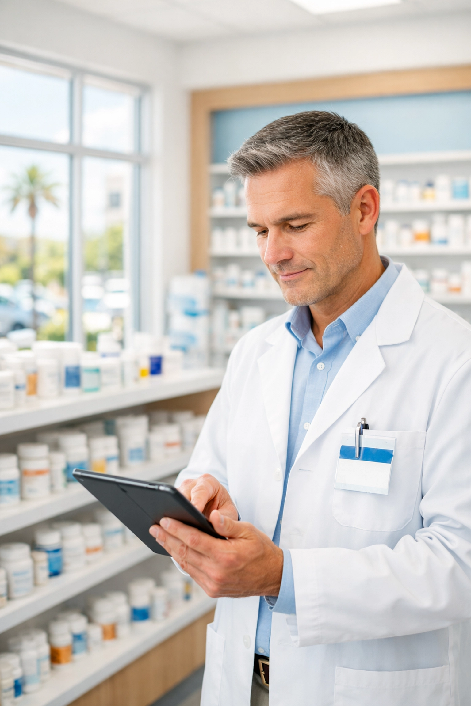California pharmacist reviewing medication information in licensed pharmacy