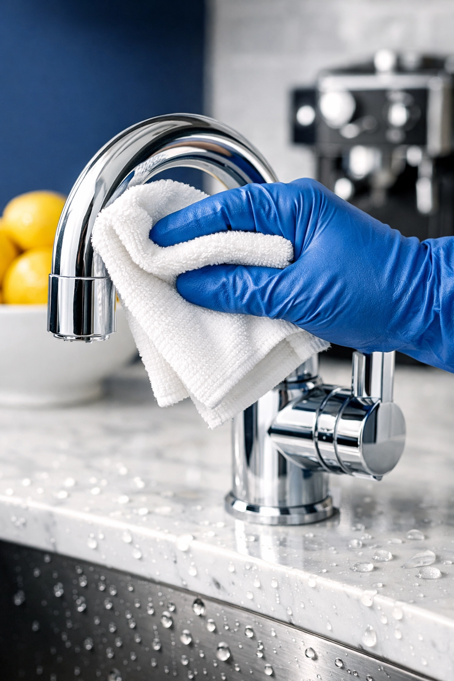 A professional cleaning expert polishing a kitchen faucet as part of house cleaning services in Southborough, MA.