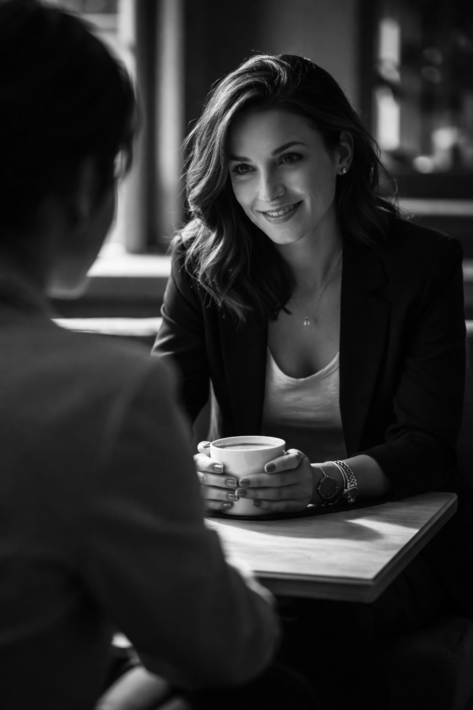 Dating coach and professional having an engaged conversation at a Sydney café, highlighting personalized coaching.