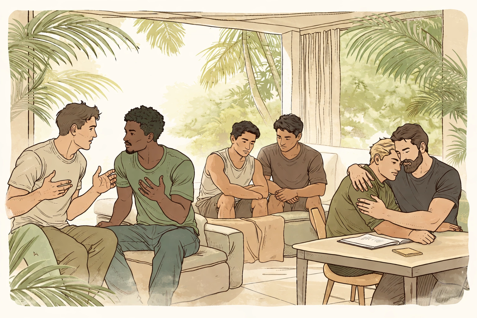 Multiple MM couples in a tropical villa setting, each showing different reactions to relationship tension, representing cross-cultural romance dynamics.