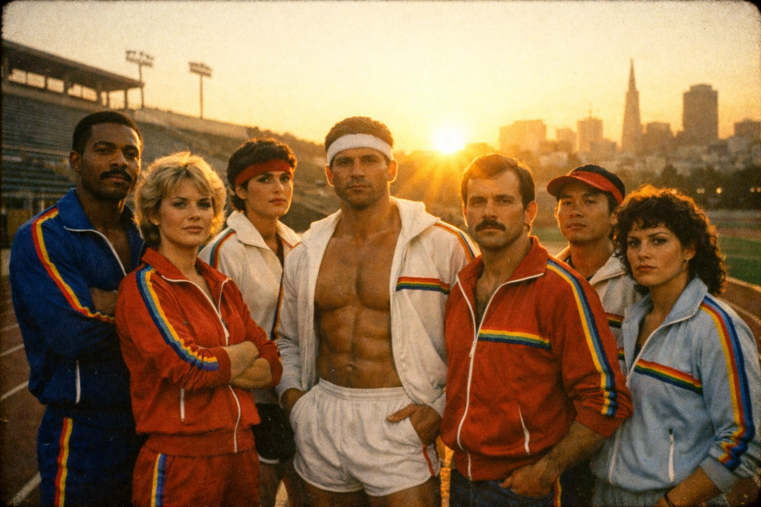 Diverse LGBTQ+ athletes in vintage 1980s tracksuits at the first Gay Games in San Francisco.