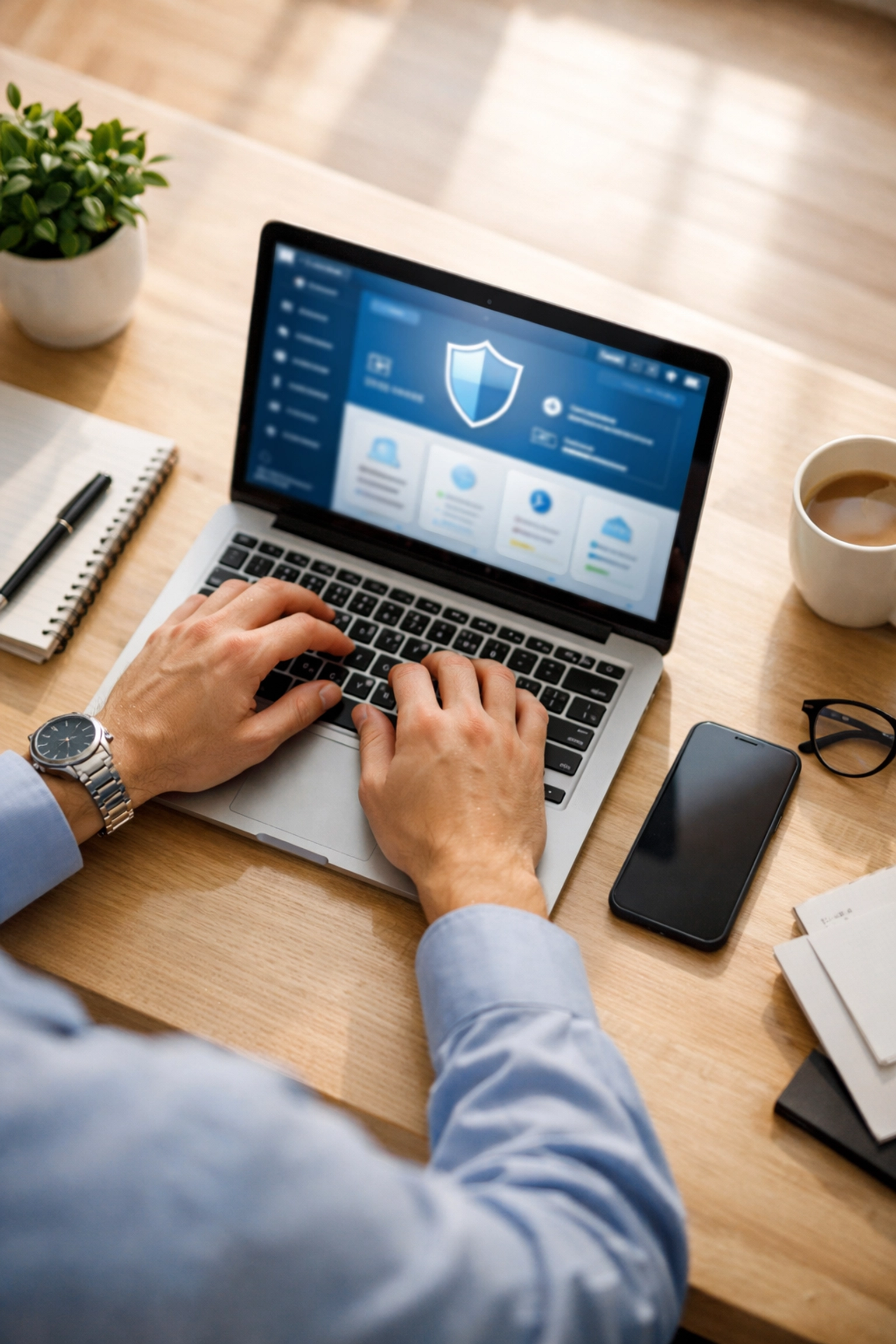 Small business owner managing cyber security on laptop in West Chester workspace