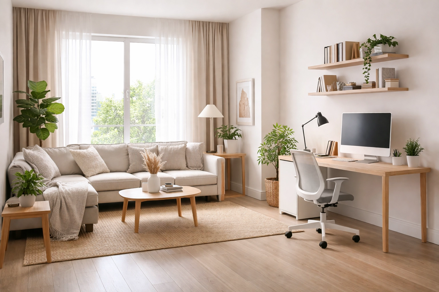 Spacious serviced apartment in Kent with living area, desk, and natural light, ideal for business travellers seeking comfort.