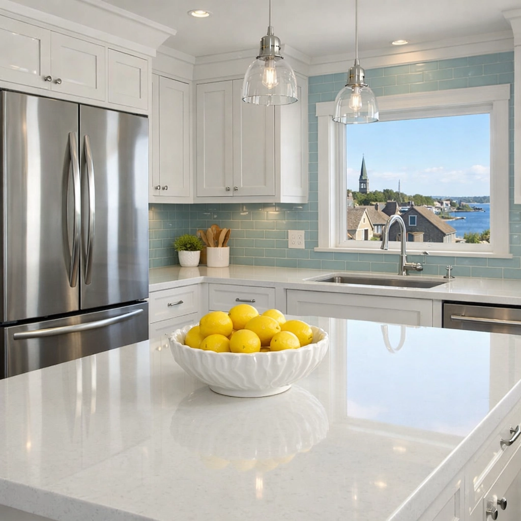 Spotless gourmet kitchen after a professional Marblehead house cleaning service in a coastal estate.