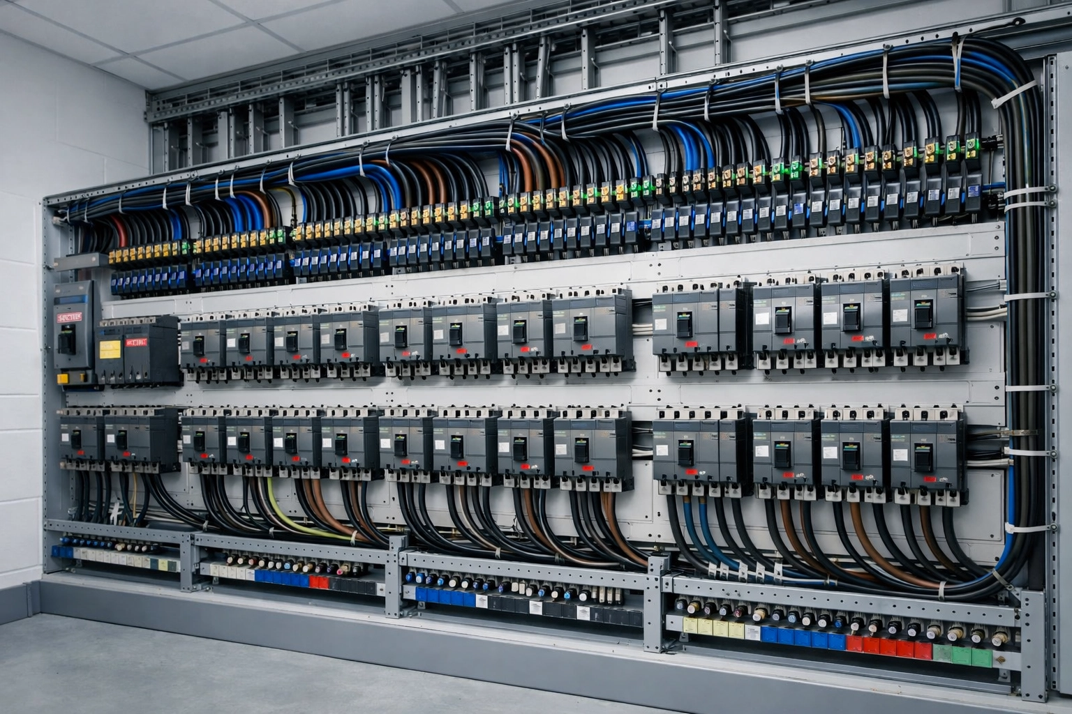 Commercial three-phase distribution board installation by expert electricians in Dorset for industrial use.