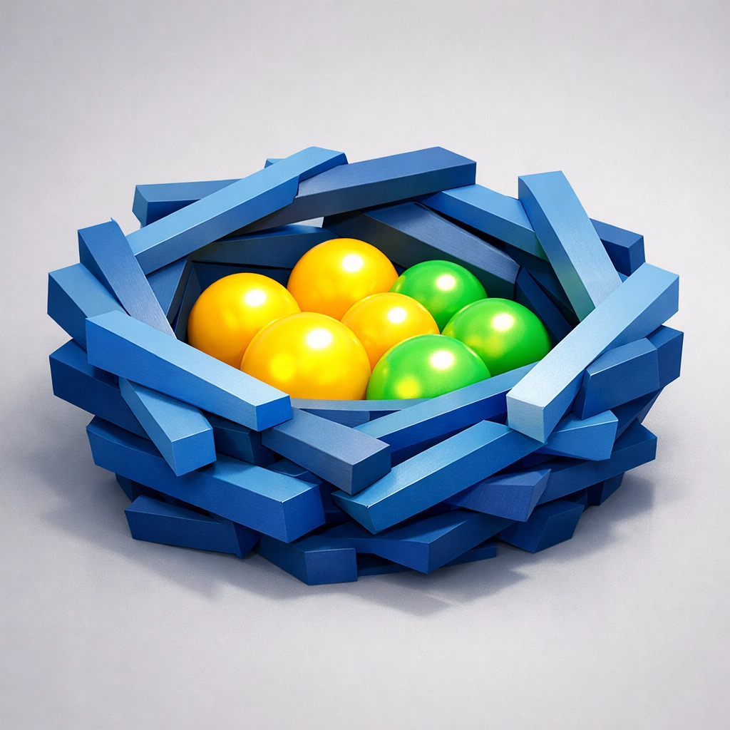 A protective structural nest guarding creative ideas for sustainable business growth.