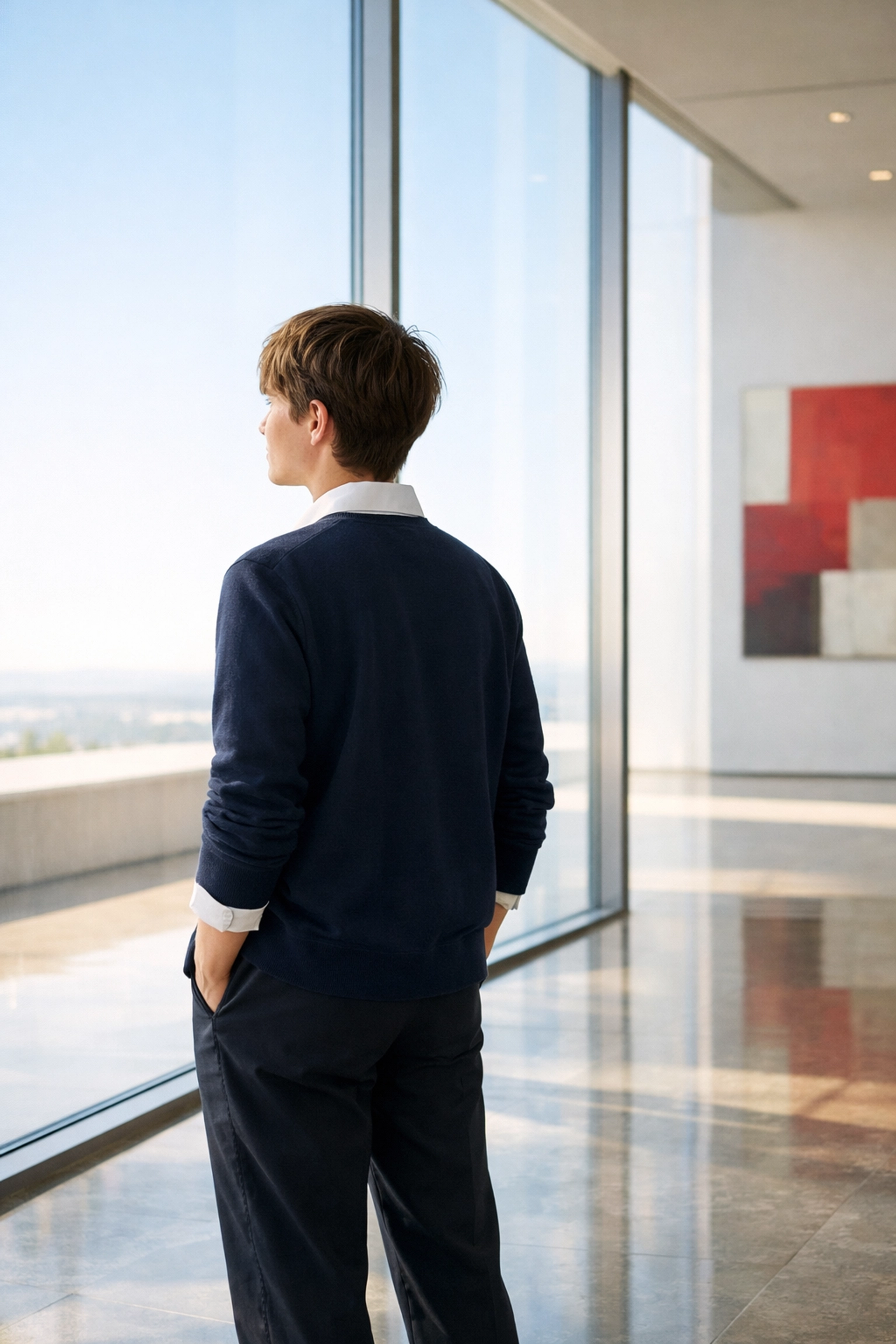 A young adult looking toward the horizon, visualizing long-term financial stability and good credit.