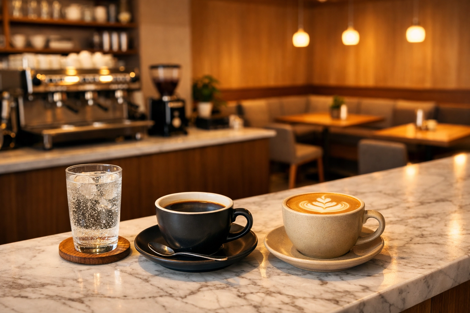 Interior of a modern specialty coffee shop showing premium drinks and a clean, inviting seating area.