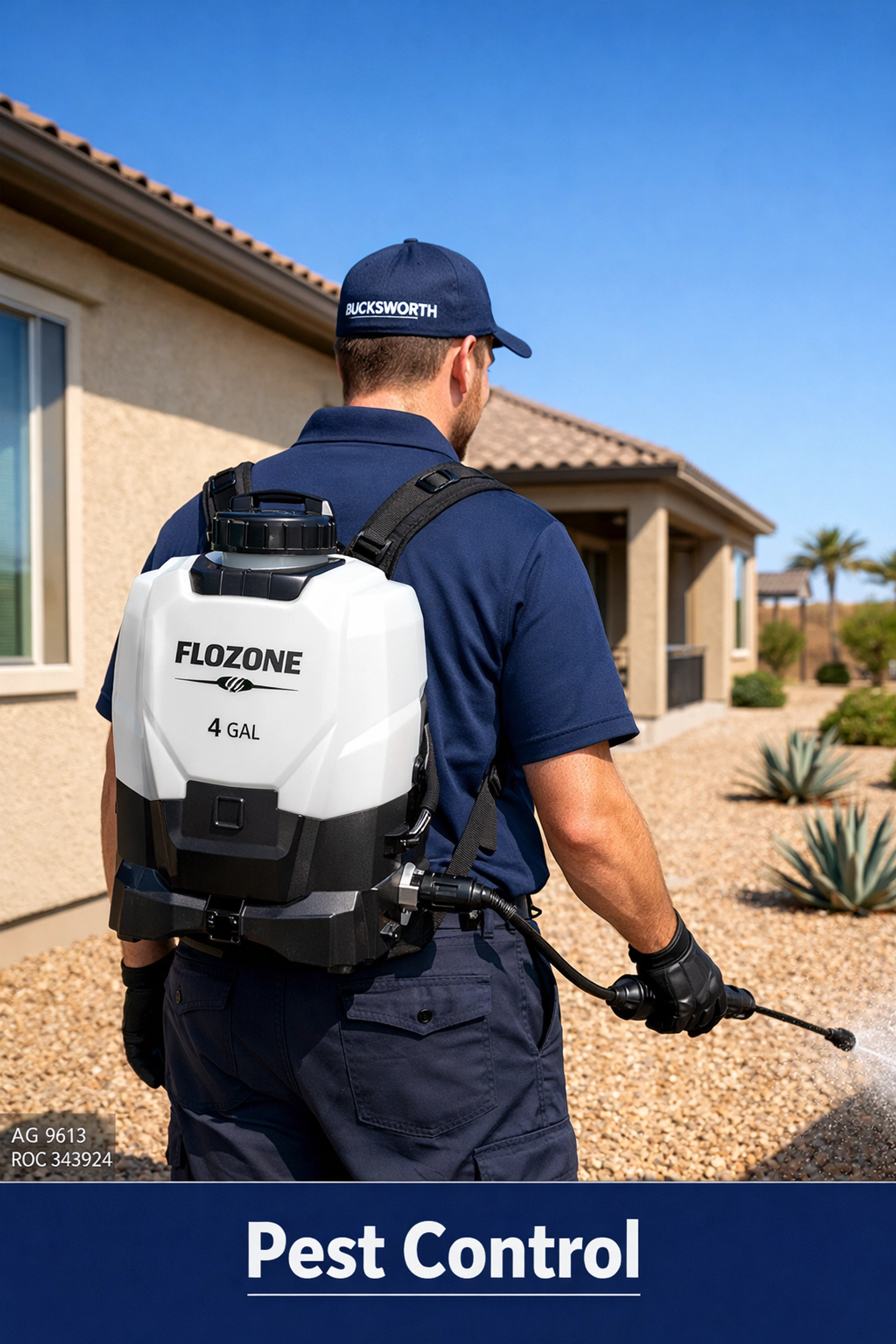 Bucksworth technician providing targeted ant control at a Peoria home with a Flozone backpack sprayer.