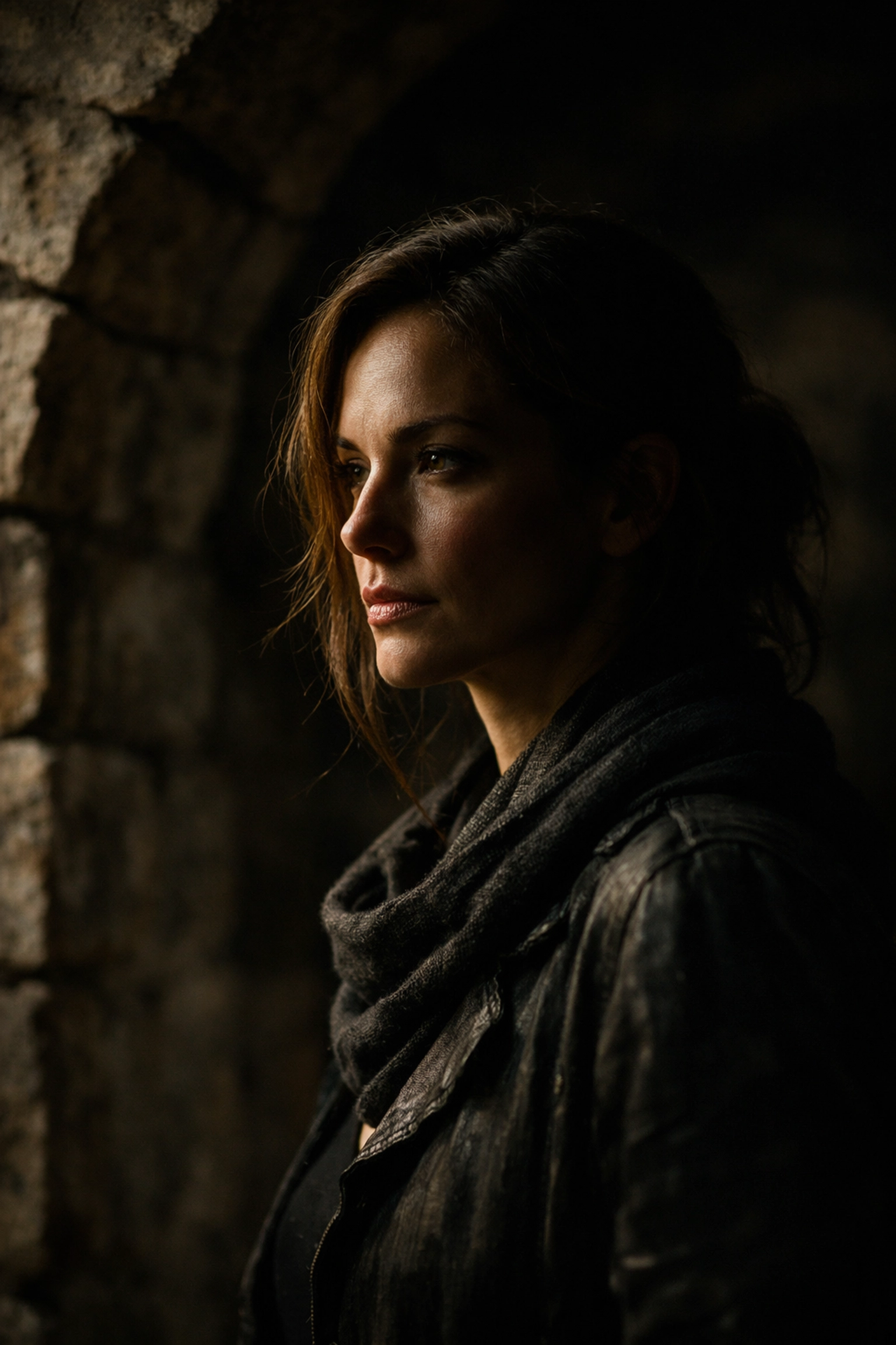 Professional portrait with dramatic side lighting showcasing mastery of natural light in a stone archway.