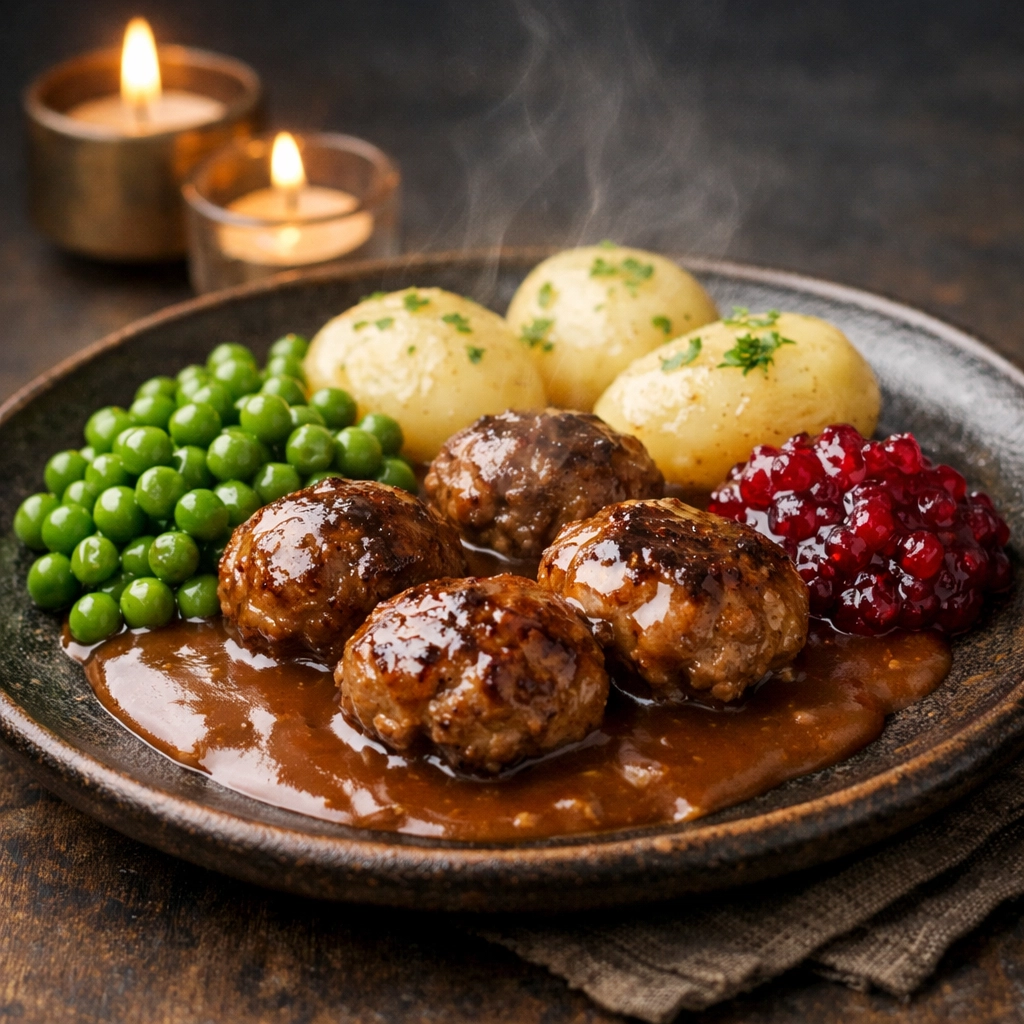 Servierte Kjøttkaker mit brauner Sauce, Kartoffeln, Erbsen und Preiselbeeren
