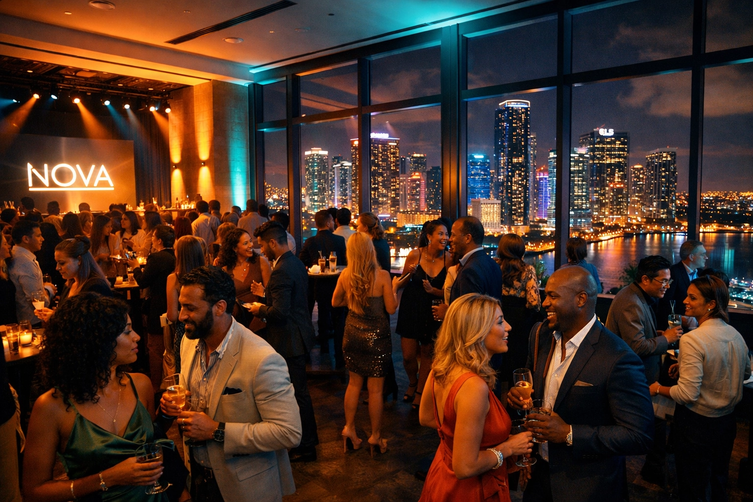 High-energy brand photography miami scene at a skyscraper launch event in Brickell.