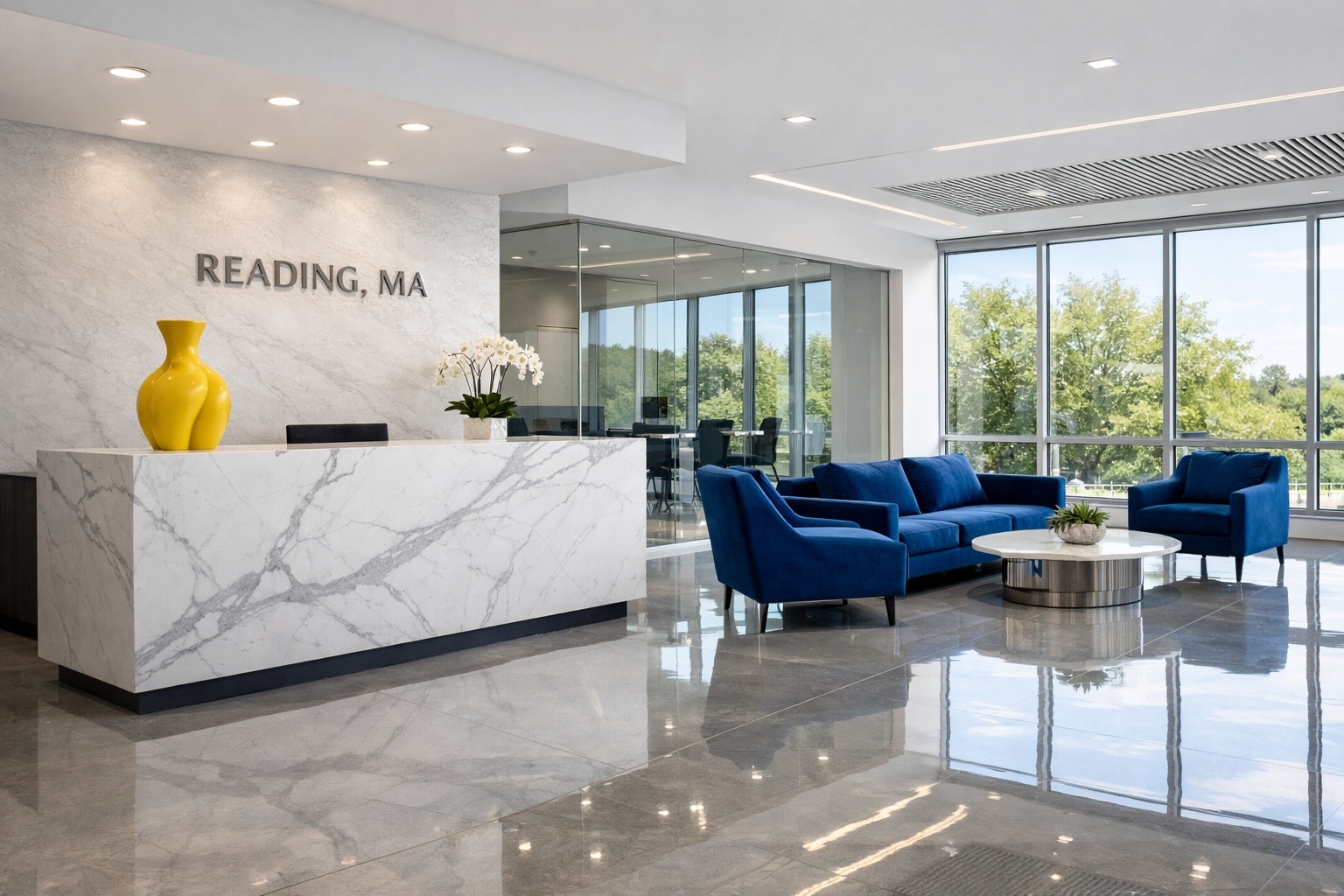 Spotless modern office reception area in Reading, MA representing top-tier commercial cleaning services.