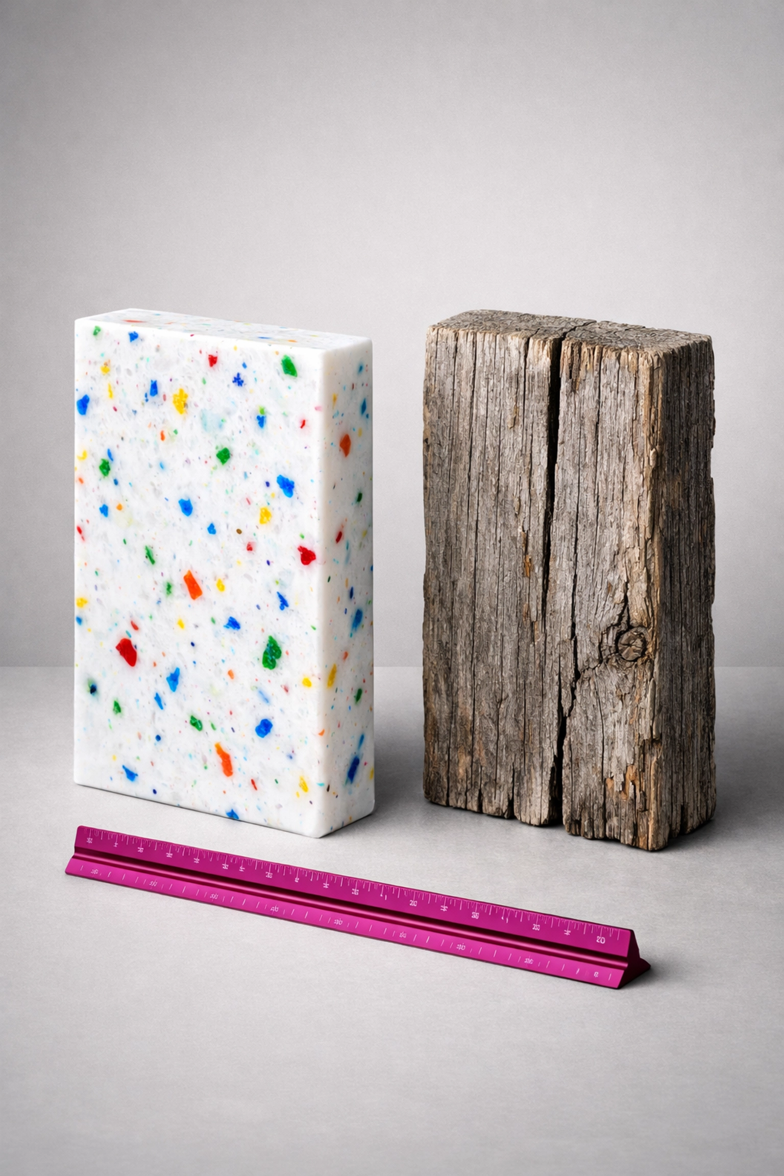 Side-by-side comparison of a durable 100% recycled HDPE plastic sheet and weathered timber for construction.