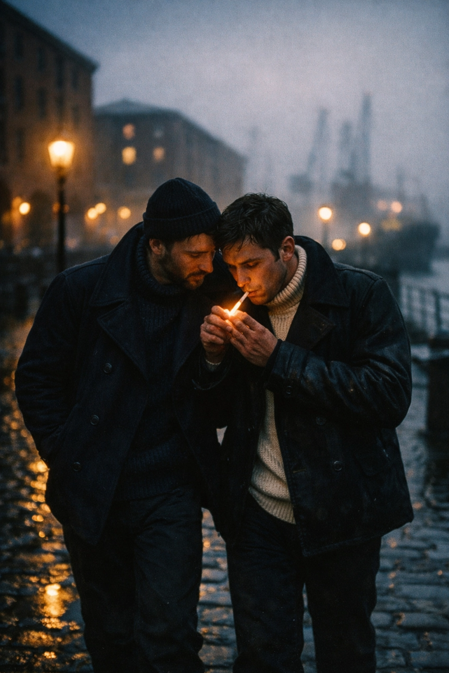 Two gay sailors in vintage workwear sharing a quiet moment on the Liverpool docks at dusk.