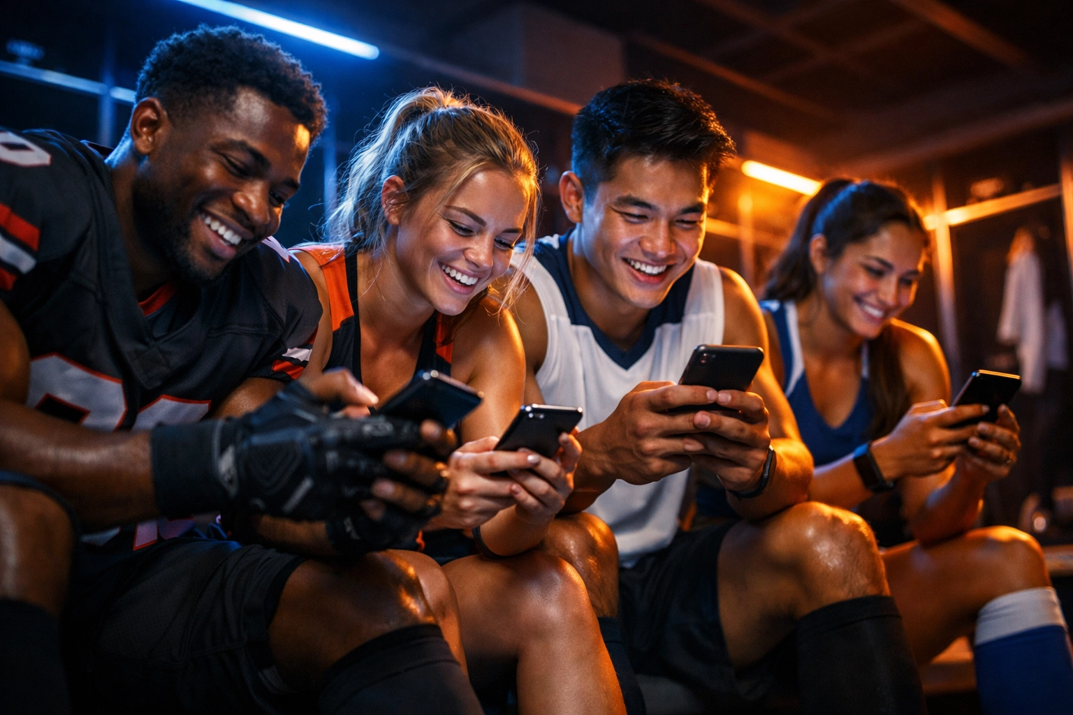 College athletes using smartphones for real-time NIL brand engagement during the Super Bowl 2026 Blitz.