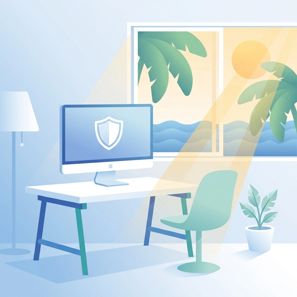 Modern Sarasota home office with desk, computer, and tropical view, emphasizing home PC security