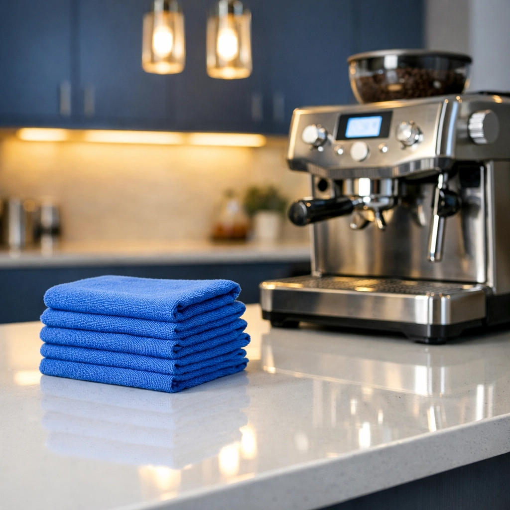 Spotless office breakroom in Waltham with a clean quartz countertop and professional coffee station.