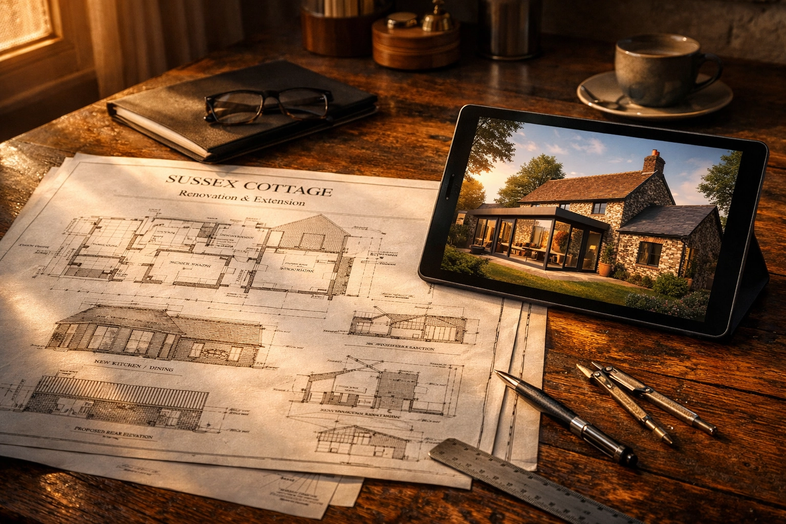 Architectural blueprints and a modern flint wall extension design for a Sussex cottage renovation.
