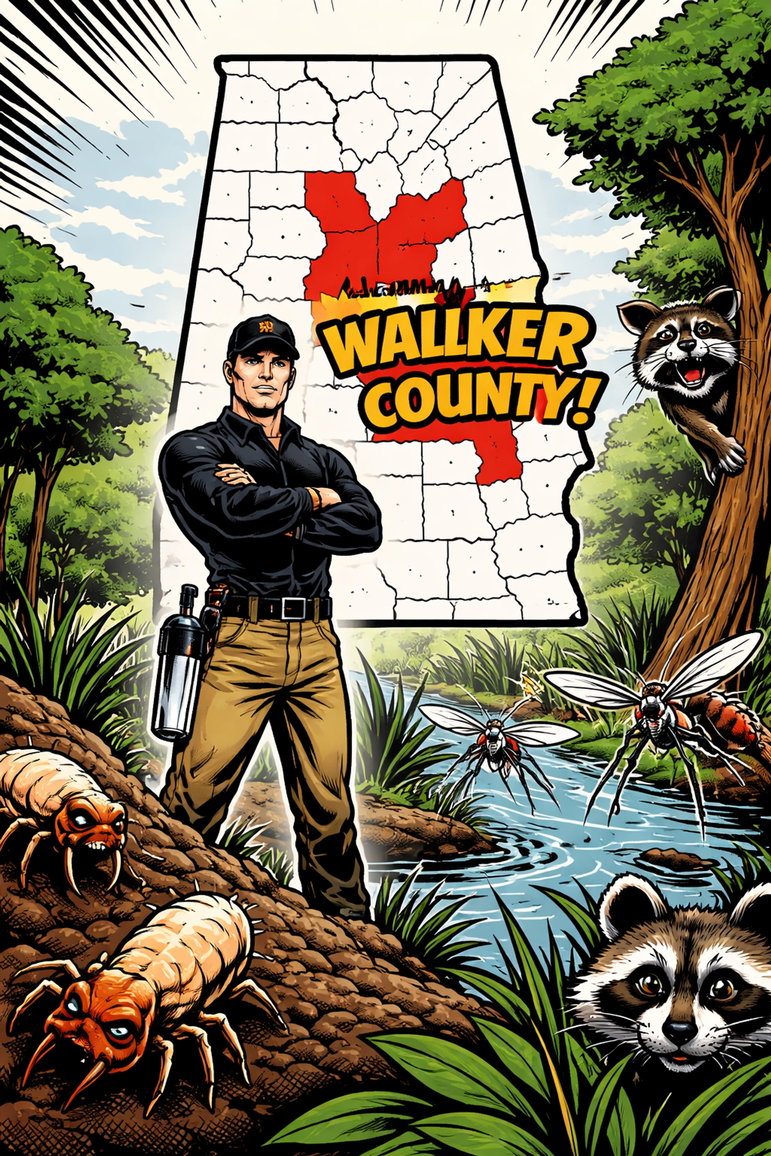 Pop art map of Alabama with Walker County highlighted, surrounded by termites, mosquitoes, and a raccoon, with a heroic Pest X technician ready to tackle local pest control challenges.