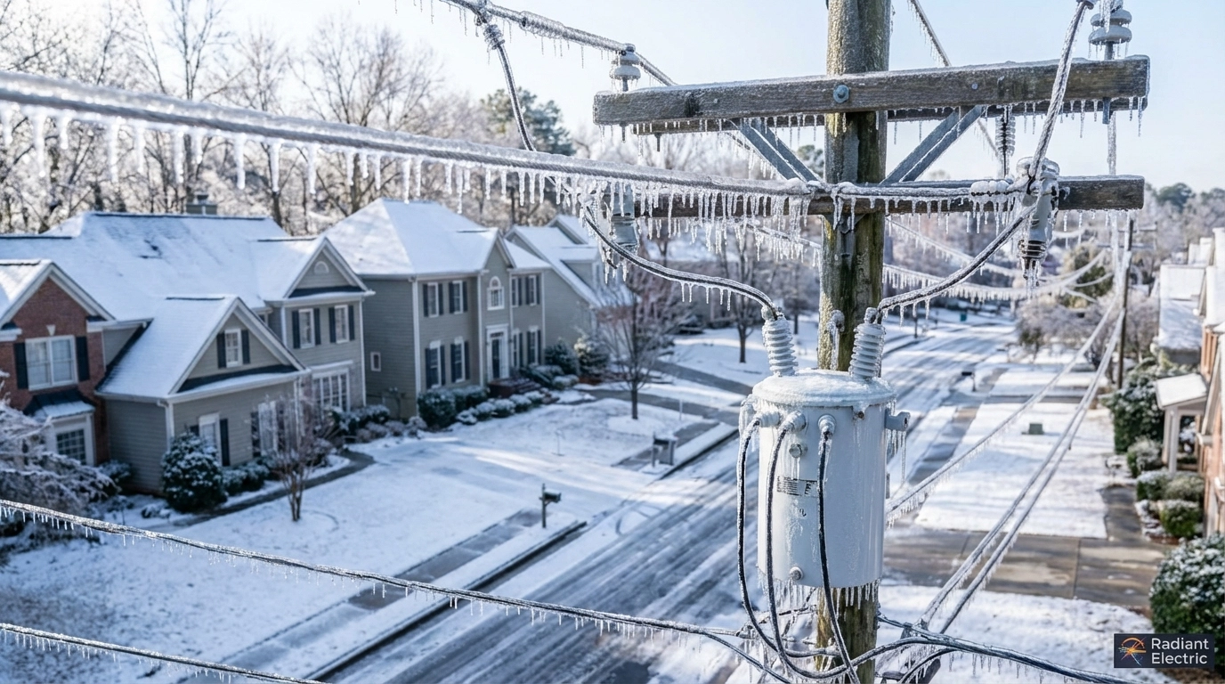 Ice-coated power lines and tree branches during a winter storm in suburban Atlanta, highlighting power outage risks