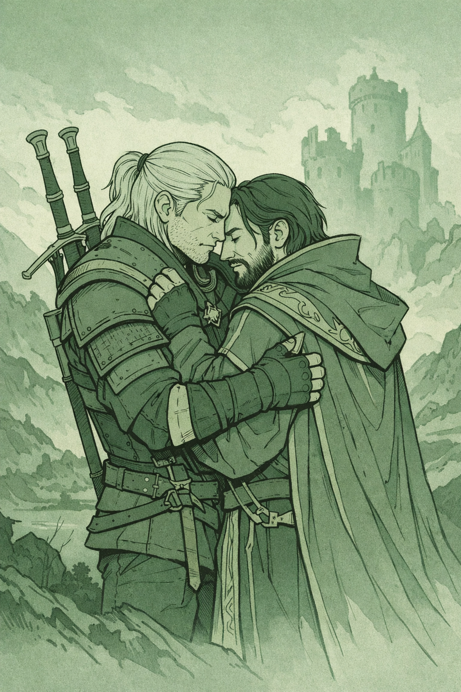 MM fantasy romance: witcher and guild master embrace in defiant love