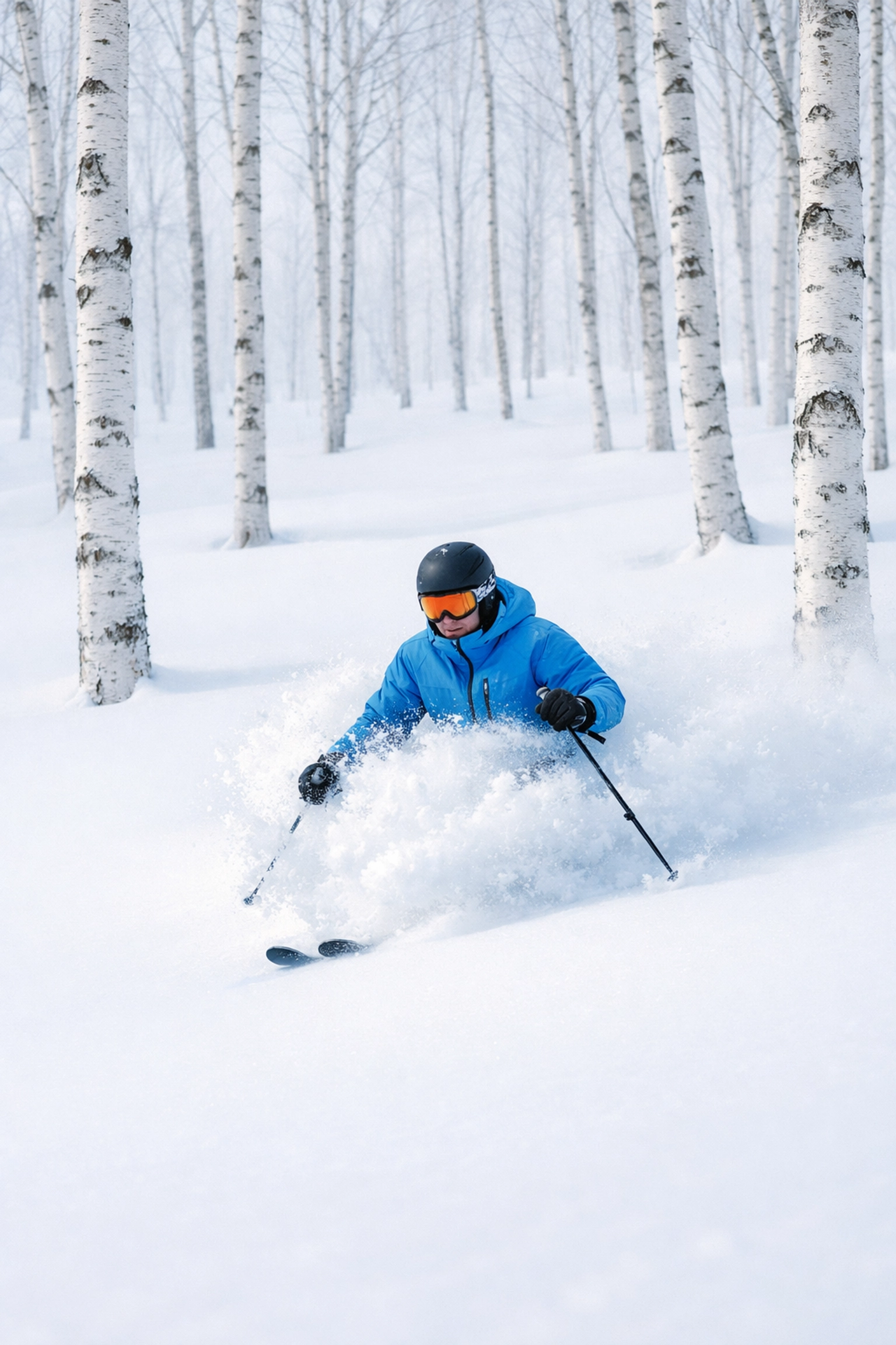 Skier gliding through deep powder snow in a silver birch forest in Hokkaido, Japan.