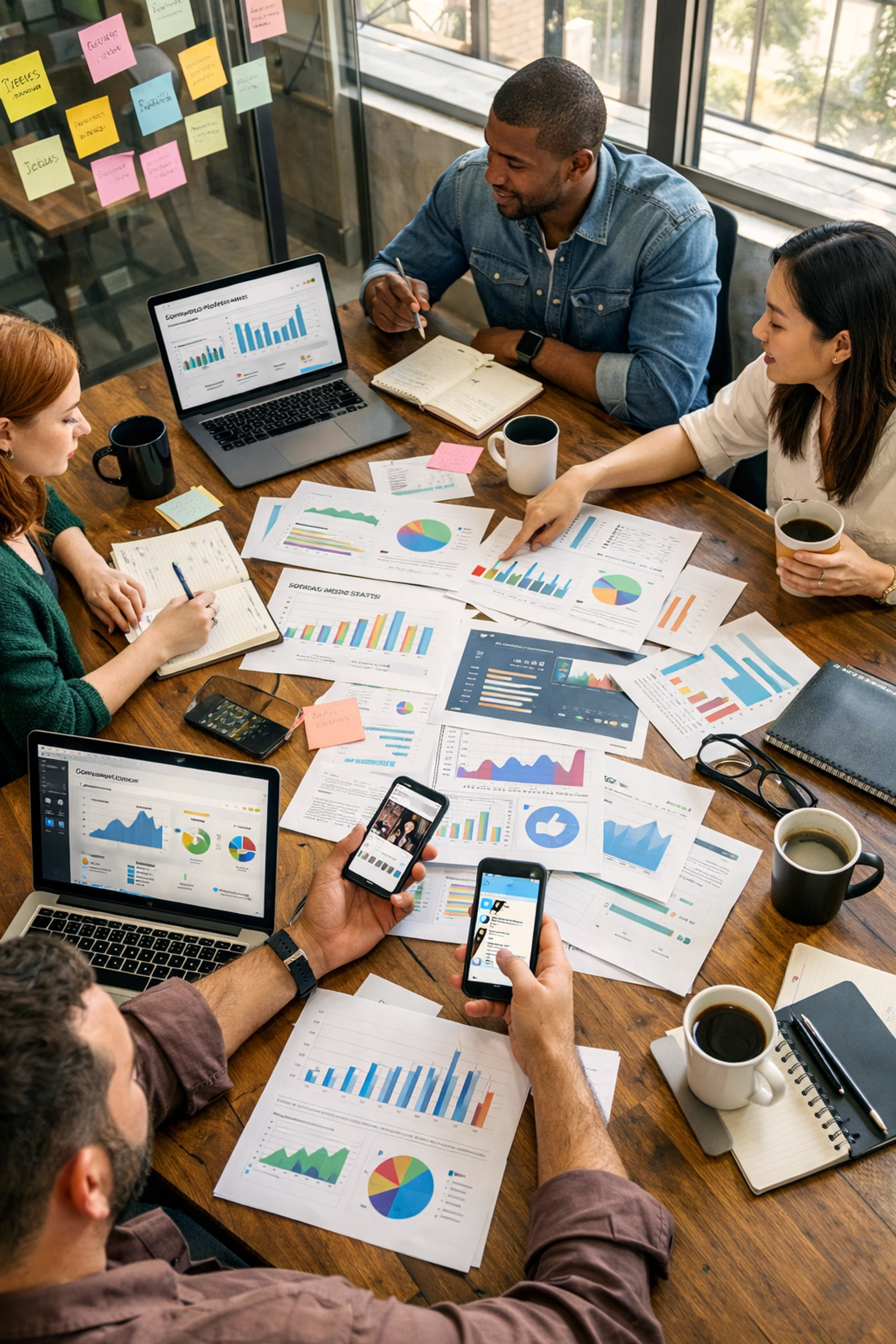 Marketing team collaborating on multi-channel content strategy with analytics reports