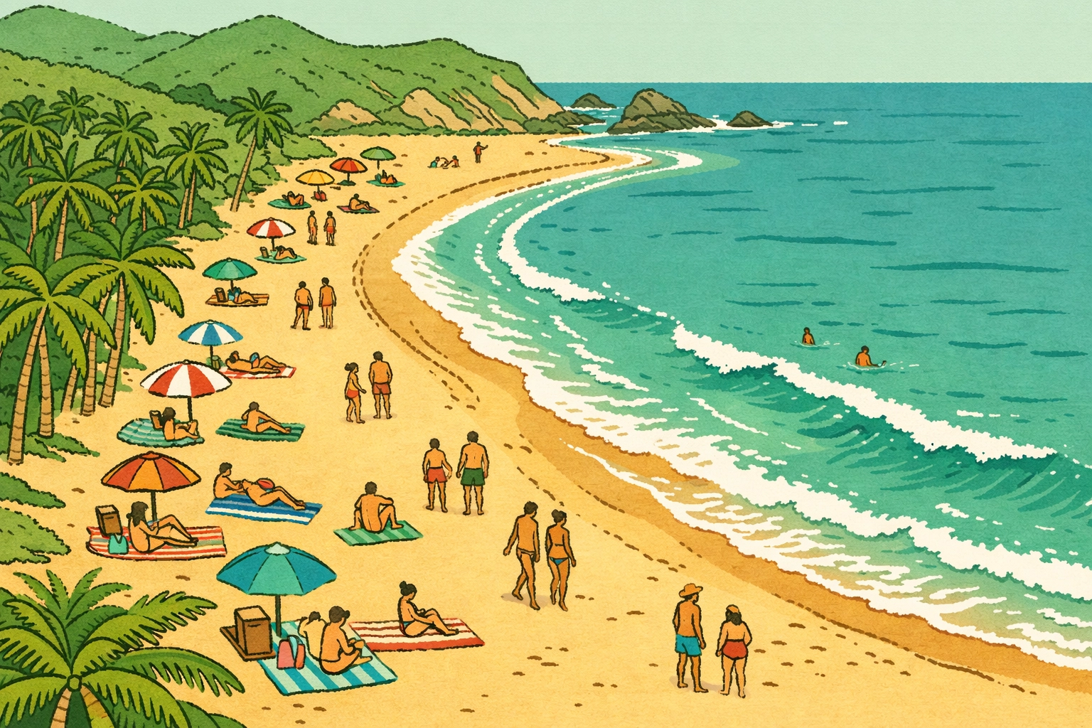 Aerial view of Zipolite clothing-optional beach in Oaxaca with palm trees and beachgoers