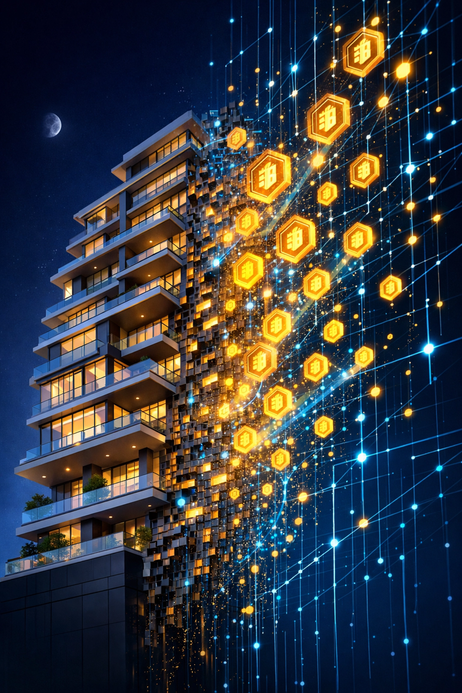 Luxury residential building transforming into blockchain tokens illustrating tokenized real estate