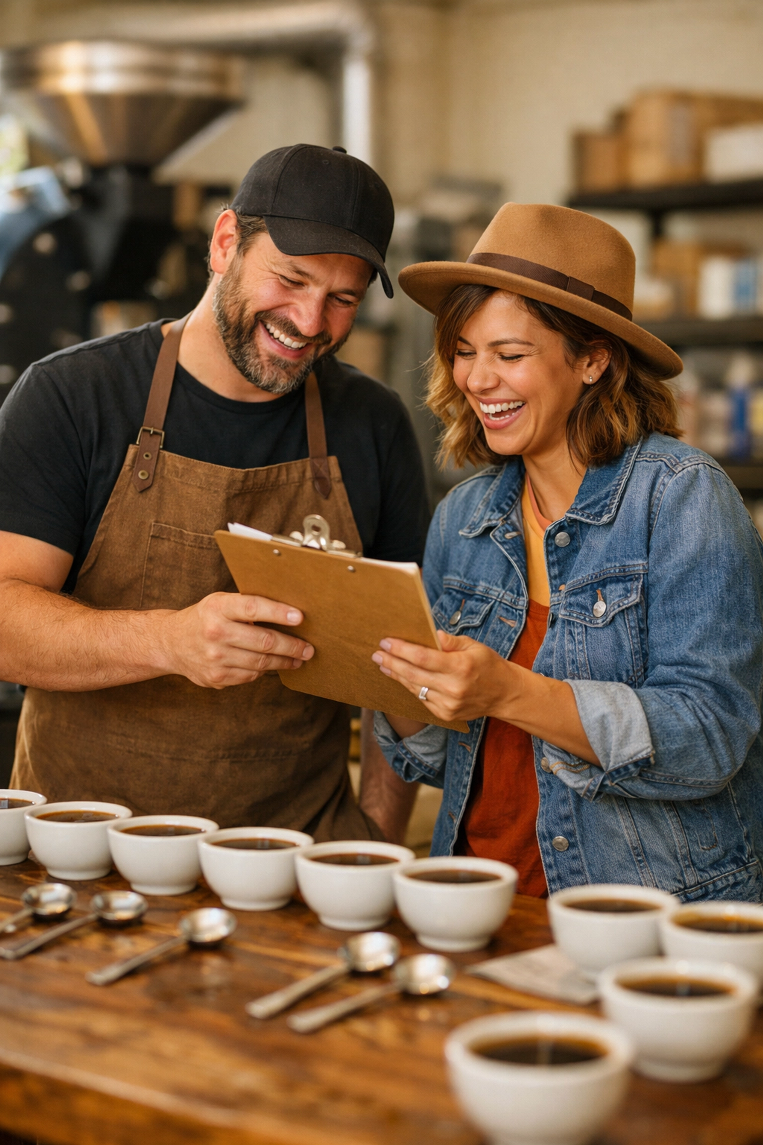 Coffee roaster and cafe owner collaborating during a coffee cupping session to build a strong wholesale partnership.
