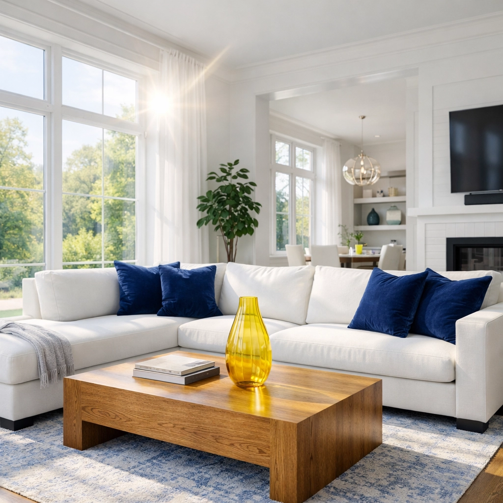 Sunlit Holliston living room after a bi-weekly house cleaning service to ensure dust-free surfaces and high air quality.